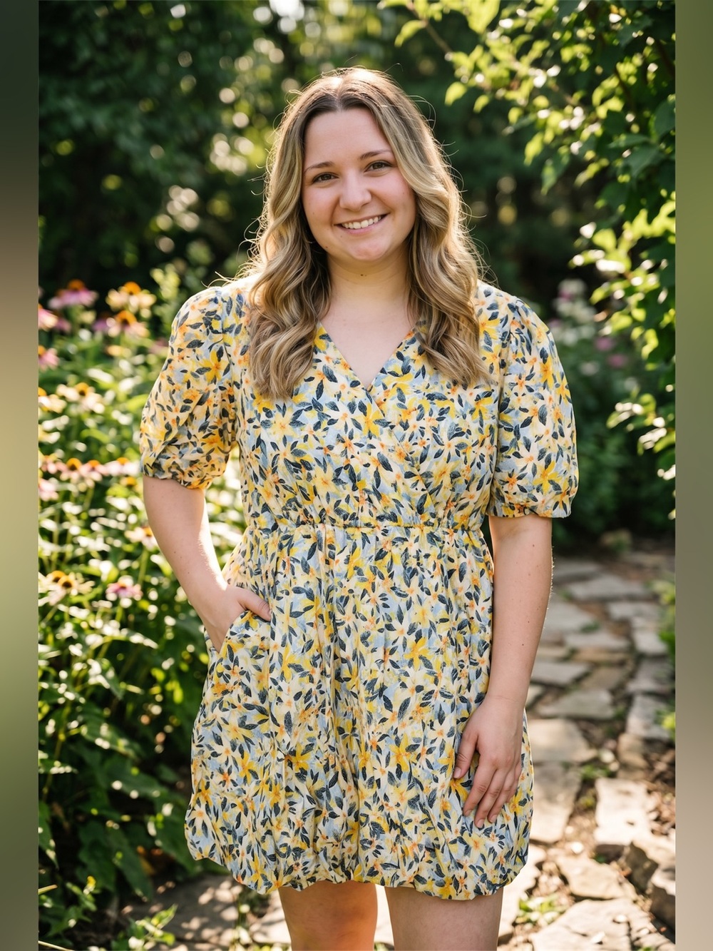 And the Why CURVY Floral Puff-Sleeve Mini Dress in Yellow